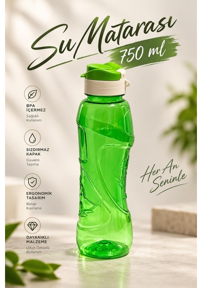 Su Matarası 750 Ml Yeşil Suluk Su Şişesi Okul Spor Tüm Renkler