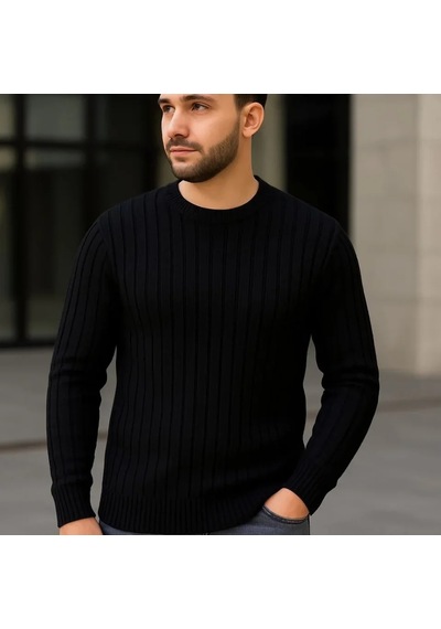 Erkek Fitilli Triko Kazak 2 Li Set Siyah Saks Mavisi Kalın Dokuma Pamuklu Regular Fit Saks Mavi - Siyah