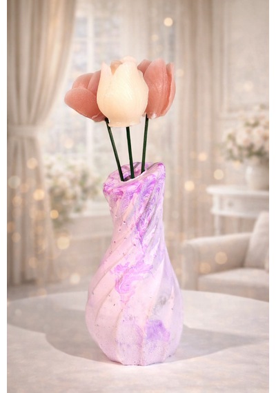 Princess Tulip-el Yapımı Dekoratif Mum Vazo Özel Tasarım Çiçek Detaylı Mum Mor-beyaz-pembe