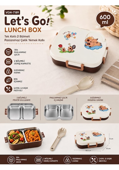 Vagonlife Vgn-7189 Let's Go 600 Ml Tek Katlı 2 Bölmeli Paslanmaz Çelik Yemek Kabı Lunch Box Çok Renkli