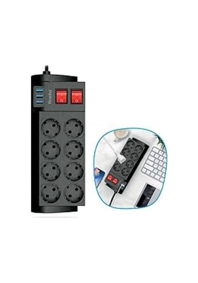 Isıya Dayanıklı Termal Akım Korumalı 2 Metre 16a 4000w 8li Priz Ve 3 Usb Li Uzatma Kablosu 2 M