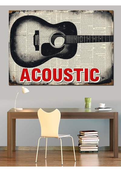 Akustik Gitar Müzik Yazısı Dekoratif Kanvas - Mdf Ahşap Tablo