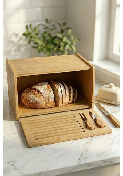 Doğal Bambu Kapaklı Ekmek Kutusu & Doğal Bambu Ekmek Dolabı 23x38x20 Cm Siyah