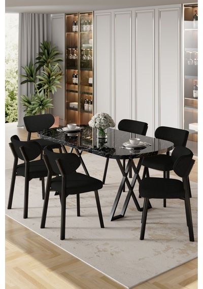 Canisa Axton Serisi Sabit Mdf 90x168 Siyah Mermer Desen Mutfak Masa Takımı 6 Siyah Sandalye Siyah Mermer Desen Masa Siyah Sandalye