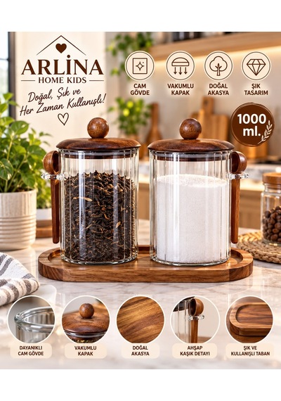 İkili 1000 Ml Akasya Kapaklı Kaşıklı Akasya Standlı Cam Kavanoz Seti Haki