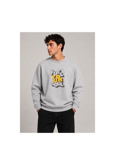 Herkesemoda Fuel Your Harder Baskı Detaylı Bisiklet Yaka Şardonlu 2 İplik Sweatshirt Gri
