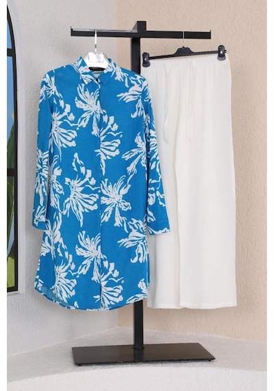 Polologin Butik Mavi Beyaz Çiçek Desenli Yazlık Rahat Kesim Viskon Tunik Mavi