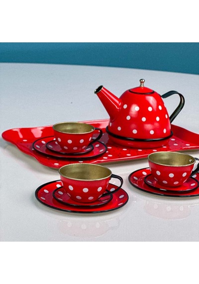 14 Parça Metal Kırmızı Beyaz Desenli Oyuncak Çay Seti
