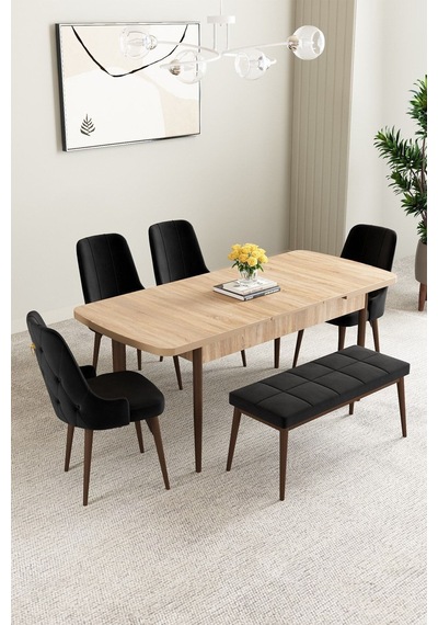 Clara Meşe Desen 80x132 Açılabilir Mdf Masa Yemek Odası Takımı,mutfak Takımı 4 Sandalye 1 Bench Siyah Clara Meşe Desen 80x132 Açılabilir Mdf Masa Yemek Odası Takımı,mutfak Takımı 4 Sandalye 1 Bench Siyah