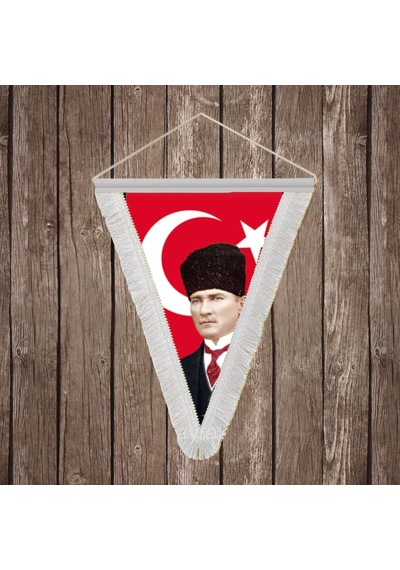 Ay Yıldız Kalpaklı Atatürk Portresi Beyaz Saçaklı Üçgen Flama Bayrak Hatıra Flama Ata43 Diğer