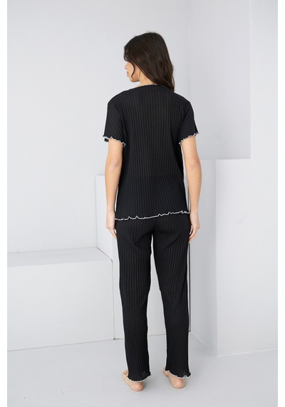 Siyah İnci Mevsimlik İnce Fiyonklu Pijama Takım7879 Siyah