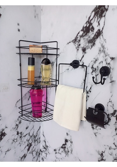 Yapışkanlı Banyo Aksesuar Seti 3 Katlı Eko Şampuanlık,kare Havluluk,tuvalet Kağıtlığı, Bornozluk Siyah