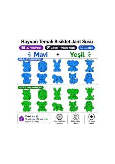 Hayvan Temalı Bisiklet Jant Süsü 20 Parça 2 Renk 10 Farklı Model Mavi-yeşil Mavi - Yeşil