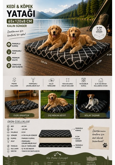 Xl Büyük Irk Köpek Yatağı Süngerli Fermuarlı Yıkanabilir Kılıflı Köpek Minderi 65x120x8 Cm-karaçatı
