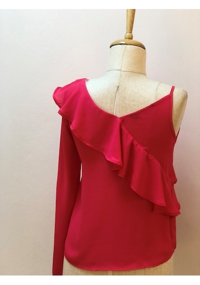 Neon Pembe Bluz Omuz Ve Fırfır Detaylı Tek Kol