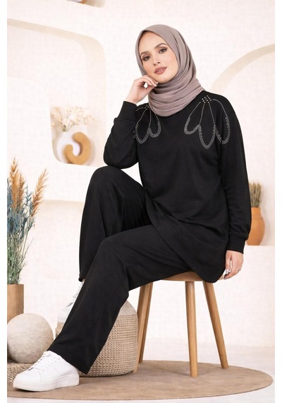 Hira Life Fashion Kadın Omzu Taşlı Ve Manşet Kol Tunik-pantolon İkili Takım Siyah Siyah