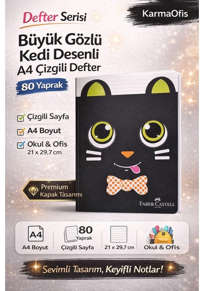 Kedi Desenli A4 Çizgili Defter 80 Yaprak 1 Adet Siyah Büyük Gözlü Tasarım