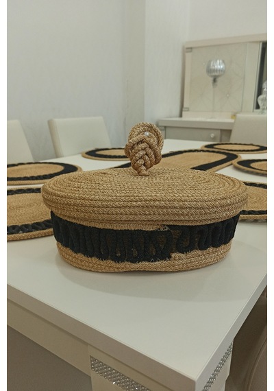 Kaan Home 6 Lı Supla 1 Runner 1 Kapaklı Örgü Ekmek Sepeti Seti Bej Krem Desenli Sunumluk Siyah