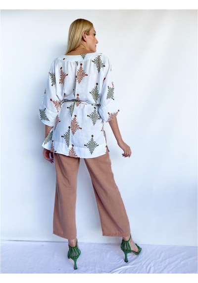 Kadın Tarçın Rengi Keten Kimono Pantolon Takım