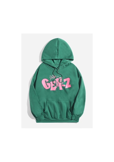 Kadın Yeşil Gen-z Baskılı Kapüşonlu Oversize Sweatshirt Yeşil