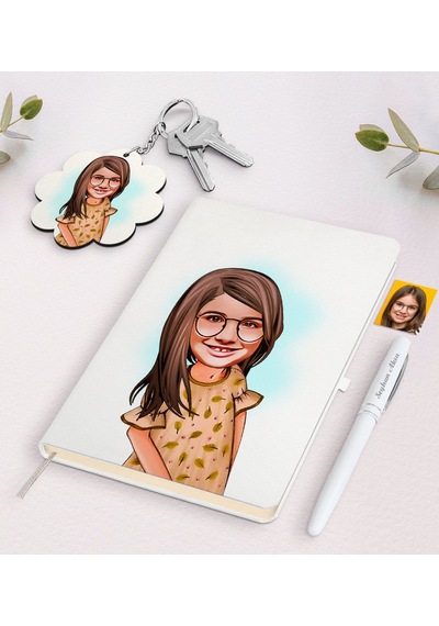 Kişiye Özel Kız Çocuk Karikatürlü Beyaz Defter Kalem Ve Anahtarlı N11.12476