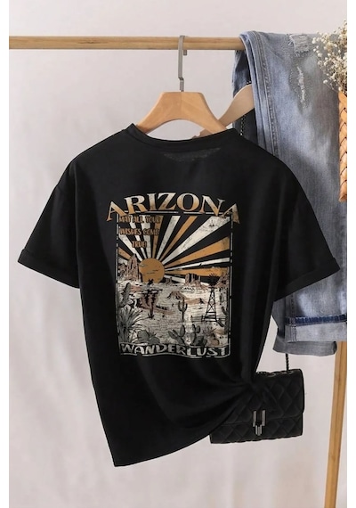 Unisex Sırt Baskılı Arizona Oversize Tshirt Siyah