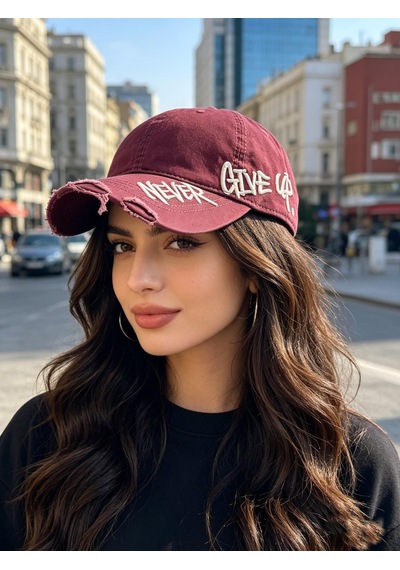 Valkyrie Unisex Bordo Never Give Up Nakışlı Baseball Şapka Ayarlanabilir Vintage Streetwear Spor Kep