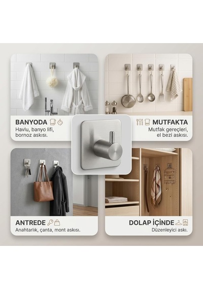 Tr Kare Yapışkanlı Askılık 304 18/10 Paslanmaz Çelik, Vidasız Deliksiz Metal Duvar Askısı, Banyo Mutfak Antre Genel