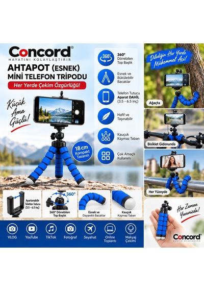 Concord Ahtapot Esnek Mini Telefon Tripodu - 360 Döner Başlıklı - 18 Cm Vlogging & Tiktok Çekim Ayak Mavi
