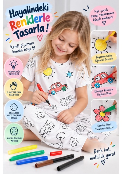Pijamask Boyanabilir Unisex Çocuk Pijama Takımı 6 Renk Keçeli Kalem Hediyeli, Yıka Tekrar Boya, %100 Pamuk Beyaz Pijamask Boyanabilir Unisex Çocuk Pijama Takımı 6 Renk Keçeli Kalem Hediyeli, Yıka Tekrar Boya, %100 Pamuk Beyaz