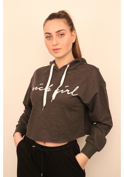 Antrasit Kadın Crop Sweatshirt Çok Renkli