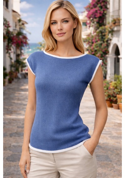 Aqefashion Kadın Kayık Yaka Sosis Yaka Yarasa Kol Beyaz Detaylı Modern Basic Özel Tasarım İndigo Triko Bluz
