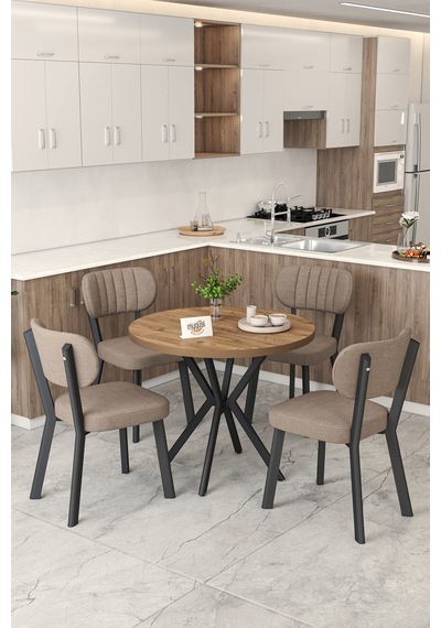 Gnr 90cm Sabit Atlantik Mutfak Masası Takımı, Yemek Masası, 4 Modern Cappucino Sandalye Cappuccino