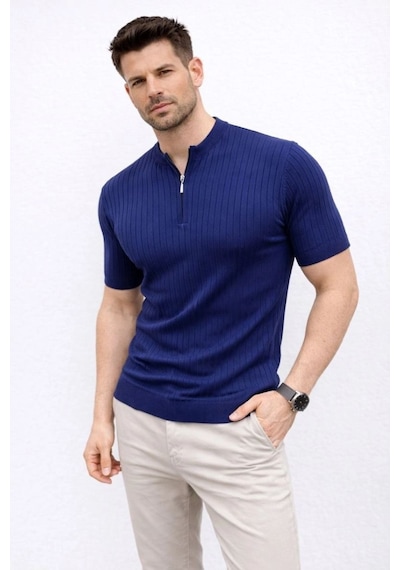 Erkek Kısa Kol Fitilli Triko T-shirt Yazlık Hakim Yaka Tişört - Lacivert