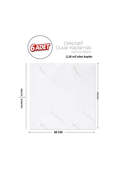 60x60 Cm Kendinden Yapışkanlı Duvar,banyo,tezgah Arası Beyaz Mermer-6 Adet Lls014-60-6