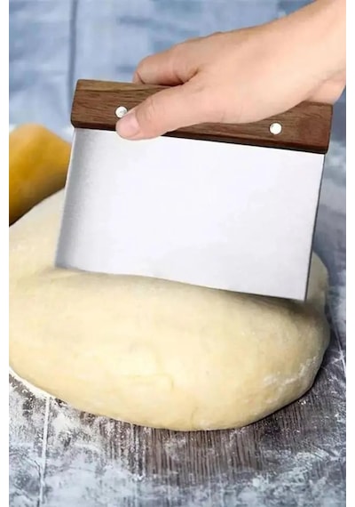 Ahşap Saplı Hamur Kesici Spatula Paslanmaz Çelik Kazıyıcı Şekillendirici Pasta Börek Aparatı Gri