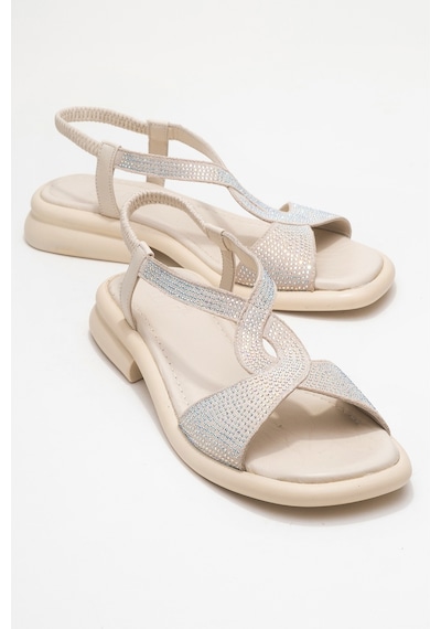 Luvishoes Aurora Ekru Hakiki Deri Taşlı Kadın Sandalet Ekru