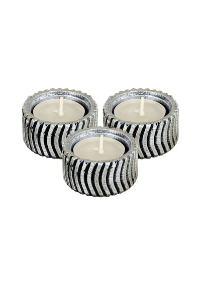 Eskitme Mumluk Şamdan 3 Adet Tealight Uyumlu Üçlü Tekerlek Model - Gümüş Eskitme