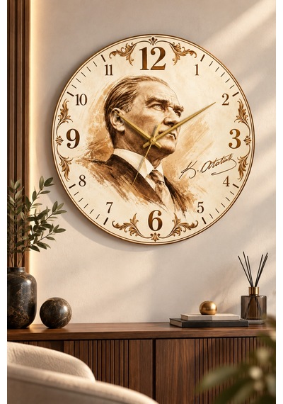 Atatürk Temalı 45 Cm Ahşap Sessiz Akar Mekanizmalı Uv Baskılı Dekoratif Duvar Saati Hediyelik 1100 Çok Renkli