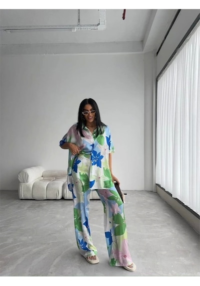 Defymoda Yeşil Büyük Çiçek Desen Saten Gömlek-pantolon Takım - Yeşil Yeşil