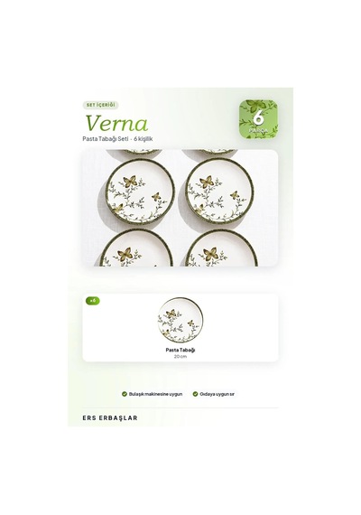 Verna Yeşil 6'lı Pasta Tabağı Seti 20 Cm