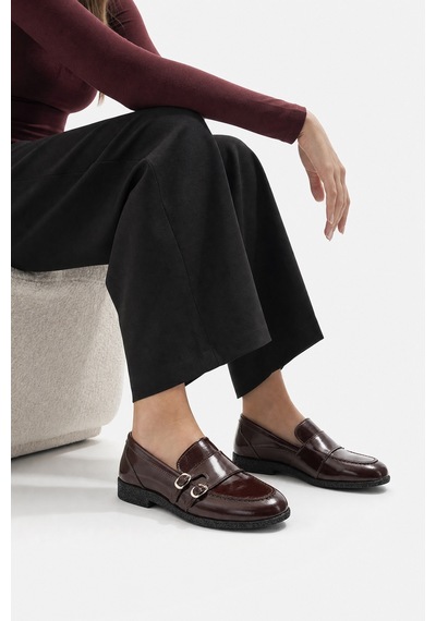 Luvi Shoes Daly Bordo Kırışık Rugan Hakiki Deri Tokalı Kadın Loafer Ayakkabı