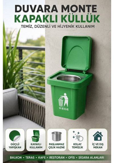 Yeşil Renk Duvara Monte Kapaklı Küllük Yapışkanlı Paslanmaz Çelik Hazneli Balkon Ofis Küllüğü