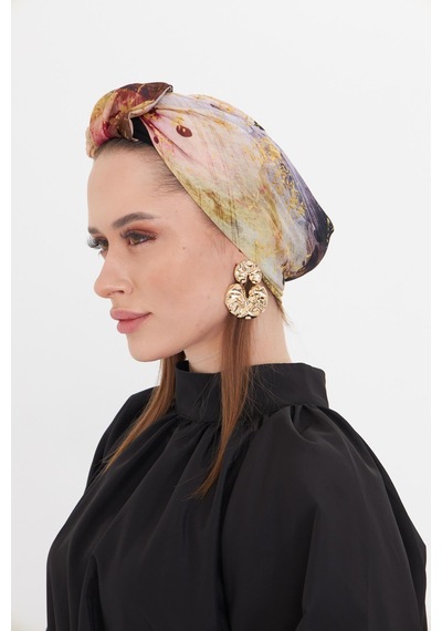Hürrem Bone Gold Pratik Hazır Geçmeli Tesettür Bone Kesik Elyaf Retro Desenli 2409 03 Gold Sarı