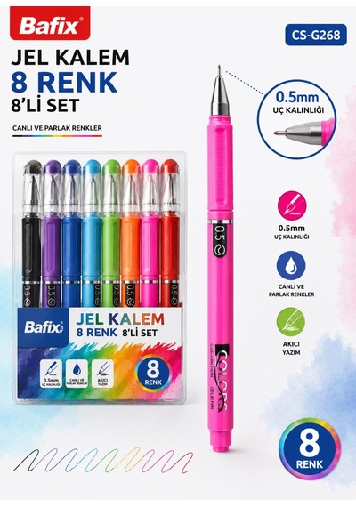 Bafix Chosch Cs-g268 Jel Kalem 0.5 Mm 8 Renk 8 Li Set Çok Renkli