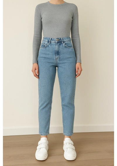Woddi Kadın Likralı Mom Mavi Kar Yıkama Jean Kot Pantolon-3 Taş1
