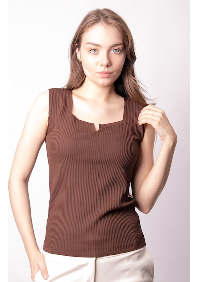 Kadın Likralı Esnek Triko Kare Yaka Kaşkorse Body Bluz-kahve Kahve