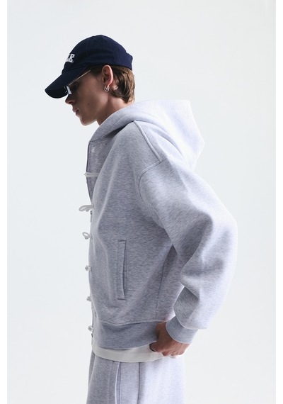 Süslü Düğme Sweatshirt Ve Barrel Fit Eşofman Takım Kar Melanj