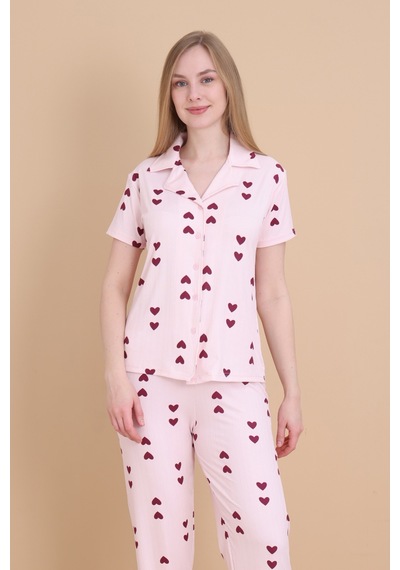 Wordex Mirano 9511 Kalpli Pembe Pegasus Kumaş Düğmeli Kısa Kolu Kadın Pijama Takımı