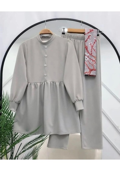 Lovie Moda Kadın Taş Düğmeli İkili Takım Gri